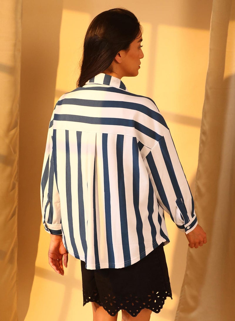 PINACOLADA Women's Aegean Blue & Chalk White Candy Striped Boyfriend Shirt  - Image 5