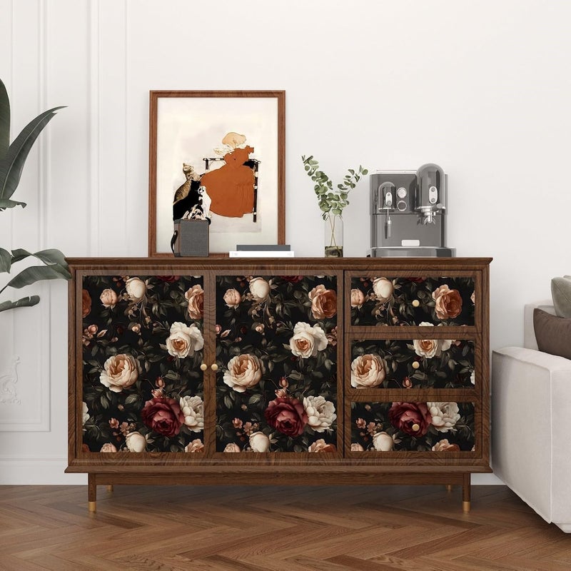 Laatse Dark Vintage Floral Wallpaper Peel and Stick, Black/White/Red Retro Rose Flowers Contact Paper, 17.5" x 118" Wall Paper Self Adhesive Waterproof Removable for Room Shelves Cabinet Drawer Table Decor - Image 3