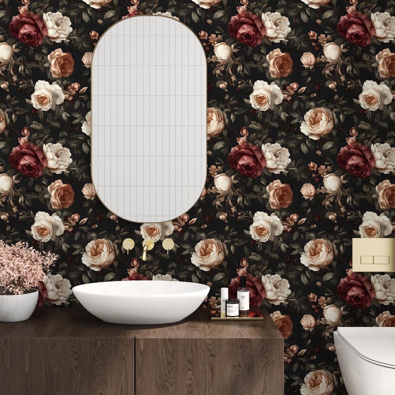 Laatse Dark Vintage Floral Wallpaper Peel and Stick, Black/White/Red Retro Rose Flowers Contact Paper, 17.5" x 118" Wall Paper Self Adhesive Waterproof Removable for Room Shelves Cabinet Drawer Table Decor - Image 4