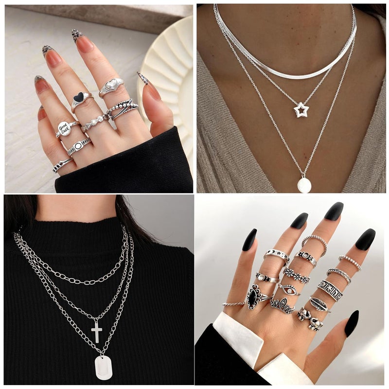 CONGYING 65 Pcs Gold Jewelry Set with 6Pcs Layered Necklace, 11 Pcs anklet and 7Pcs Earring Ear Cuff,11Hoop Earrings,15pcs Rings,15pcs stud earrings Jewerly set for Women Pack for Friendship Gift - Image 2