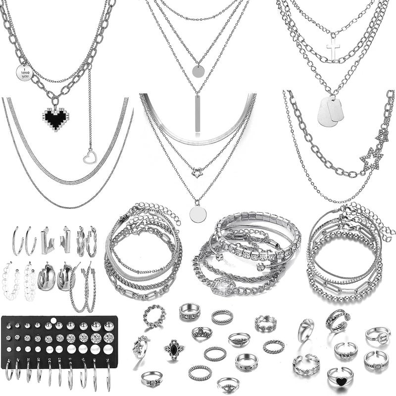 CONGYING 65 Pcs Gold Jewelry Set with 6Pcs Layered Necklace, 11 Pcs anklet and 7Pcs Earring Ear Cuff,11Hoop Earrings,15pcs Rings,15pcs stud earrings Jewerly set for Women Pack for Friendship Gift - Image 1