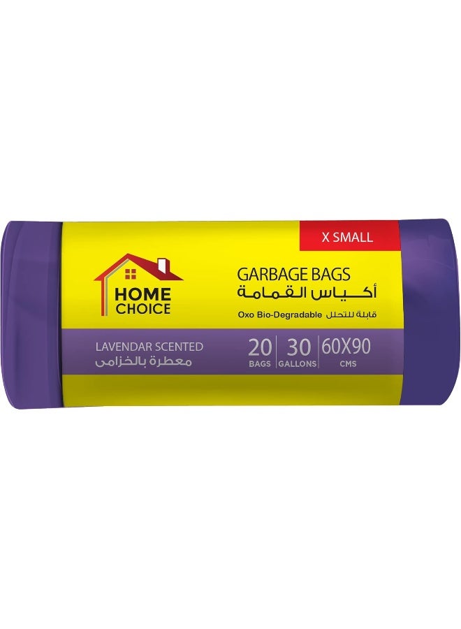 HOME CHOICE 30 جالون أكياس قمامة معطرة - لافندر، عبوة من 20 قطعة، حجم 60*90 سم، أكياس قمامة بسحب الرباط، لفات أكياس القمامة، قابلة للتحلل البيولوجي، بطانات سلة مع رباط عنق - Image 1