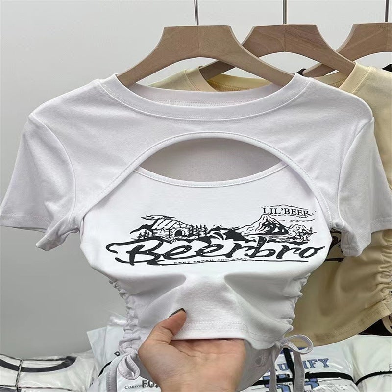 Girls Summer New T-Shirt 2025 Korean Style Drawstring Short Cut Out Short-Sleeved Round Neck T-Shirt with Letters on Both Sides - Image 4