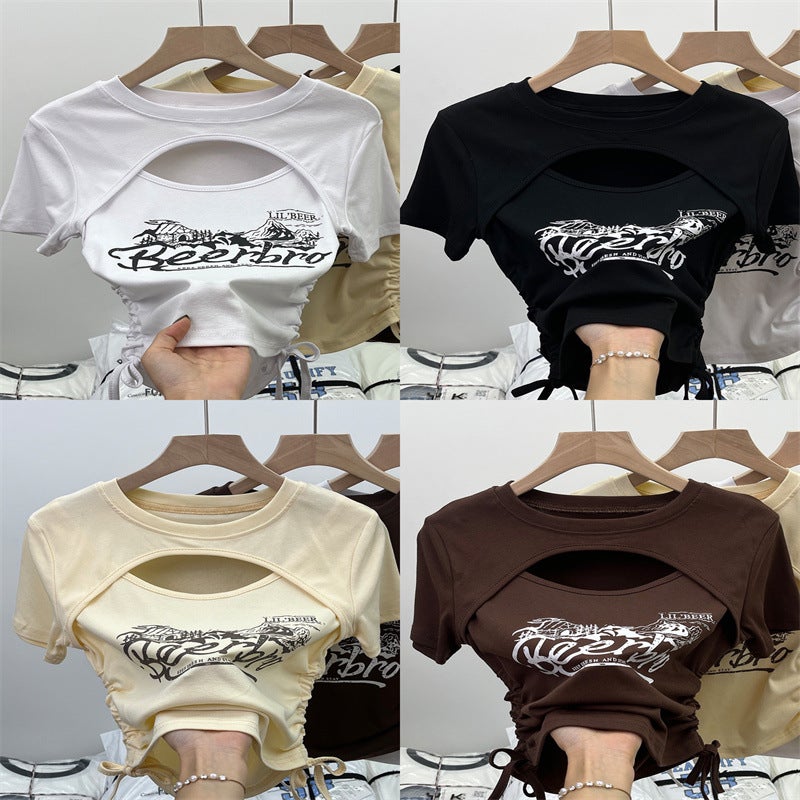Girls Summer New T-Shirt 2025 Korean Style Drawstring Short Cut Out Short-Sleeved Round Neck T-Shirt with Letters on Both Sides - Image 2