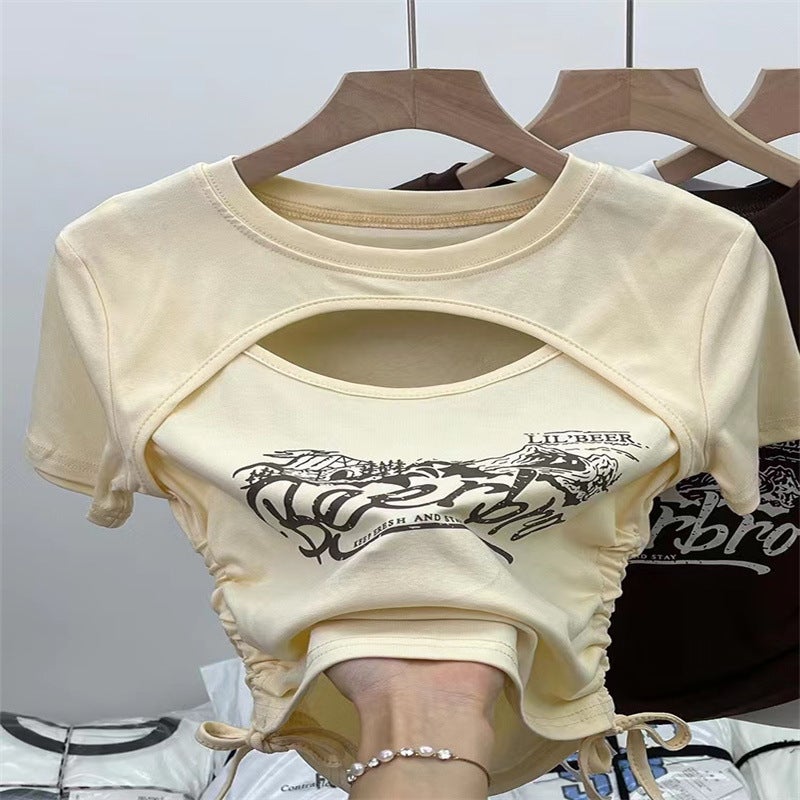 Girls Summer New T-Shirt 2025 Korean Style Drawstring Short Cut Out Short-Sleeved Round Neck T-Shirt with Letters on Both Sides - Image 3