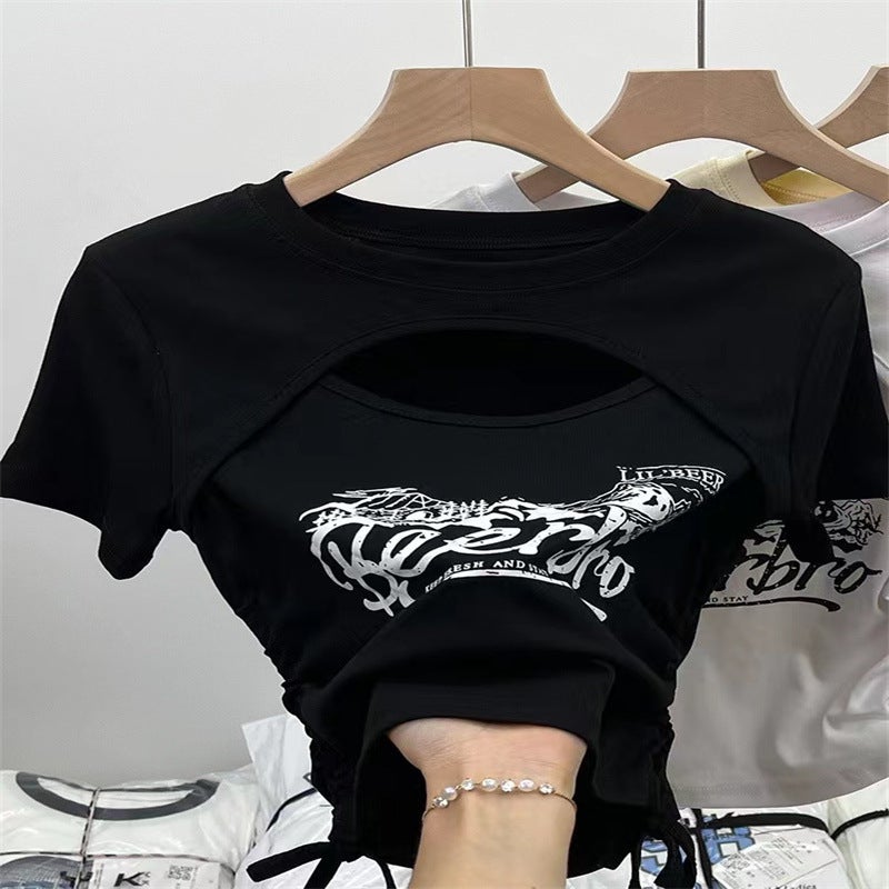 Girls Summer New T-Shirt 2025 Korean Style Drawstring Short Cut Out Short-Sleeved Round Neck T-Shirt with Letters on Both Sides - Image 5