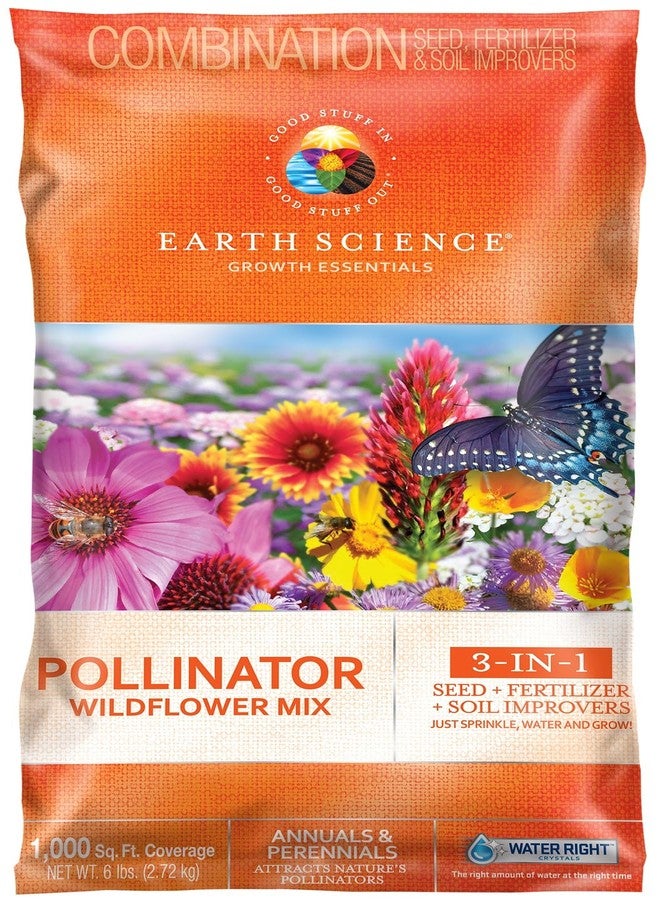 Earth Science Wildflower Pollinator Mix from Earth Science, 3-in-1 Mix with Premium Wildflower Seed, Plant Food and Soil Conditioners, Non-GMO, for Bees, Hummingbirds, Butterflies, Pollinators 6 lb - Image 1