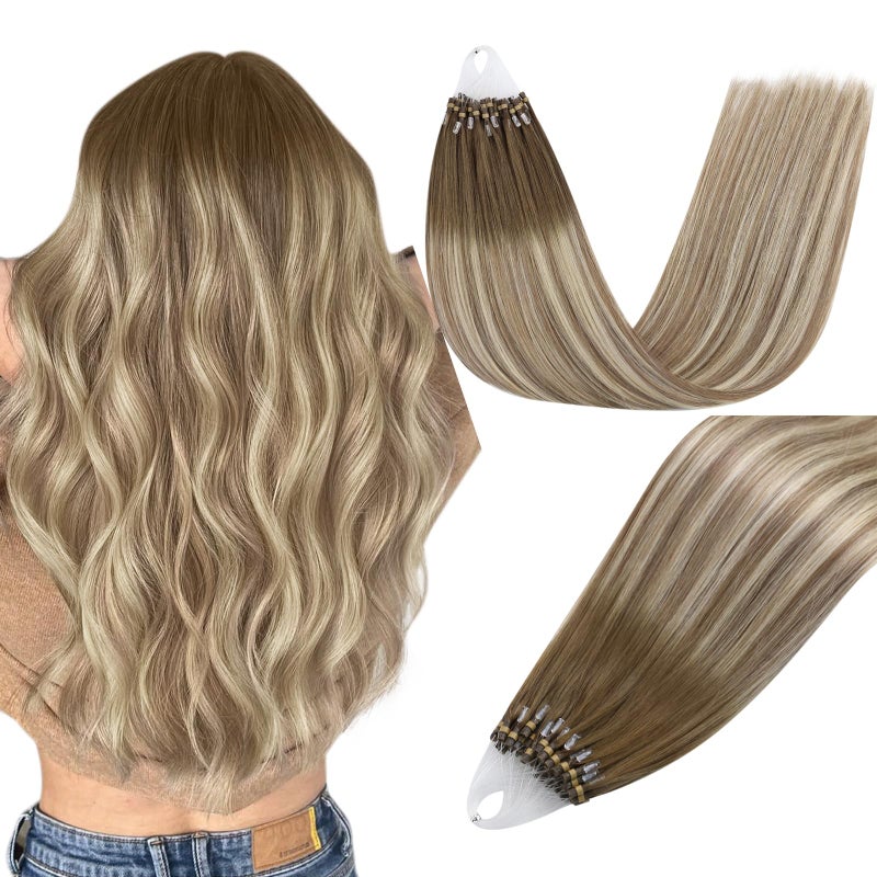 Easyouth Micro Loop Hair Extensions Ombre Micro Ring Hair Extensions Human Hair Balayage Dark Brown to Light Brown with Blonde Micro Loop Hair Extension Real Human Hair Long Lasting 18 Inch 50g 50s