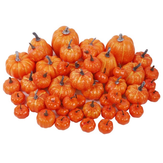 46 PCS ASSORTED SIZE ARTIFICIAL PUMPKINS FALL DECORATIONS ORANGE FOAM PUMPKIN AUTUMN DECOR DECORATIVE FAUX PUMPKIN FOR HARVEST THANKSGIVING TABLE CENTERPIECE MANTLE BOWL WEDDING PARTY