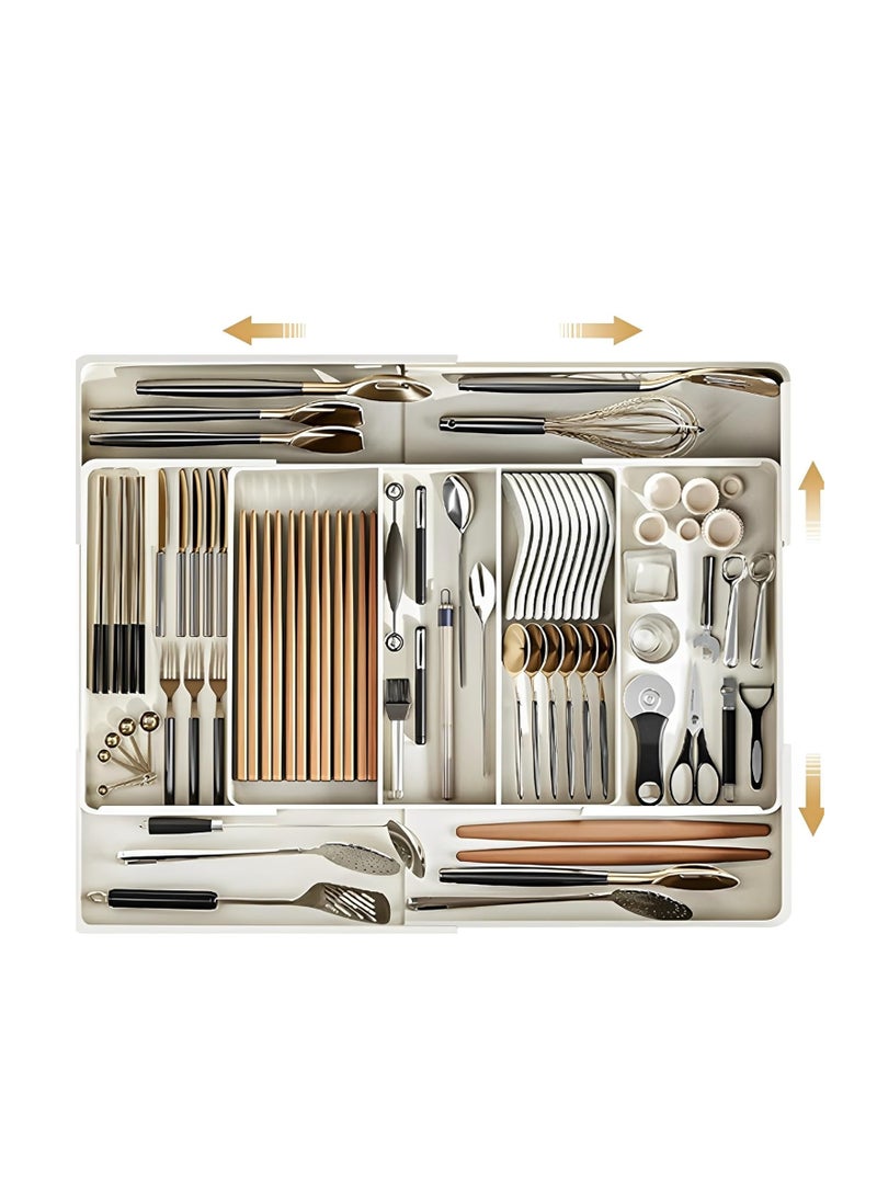 GUDOO منظم درج أدوات المائدة – صينية قابلة للتوسيع  صينية تنظيم الأدراج القابلة للتوسيع بتصميم واسع السعة، مثالية لتنظيم أدوات المائدة، الملاعق، أدوات الطهي، مستحضرات التجميل، والمزيد. - Image 1