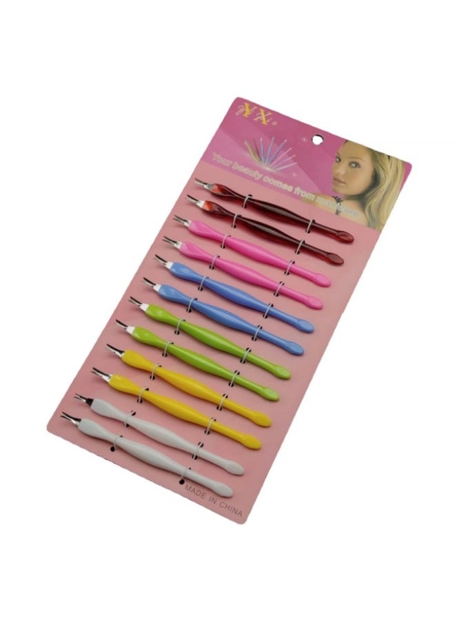 12 قطعة من أدوات تشذيب الجلد الميت، مجموعة أدوات تقليم الأظافر، مقبض بلاستيكي لشوكة الجلد الميت للمانيكير/الباديكير، مزيل سكين الجلد مع شوكة من الفولاذ المقاوم للصدأ على شكل حرف V متعددة الألوان - Image 1