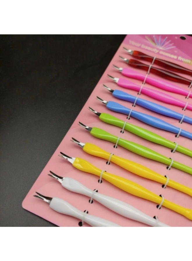 12 قطعة من أدوات تشذيب الجلد الميت، مجموعة أدوات تقليم الأظافر، مقبض بلاستيكي لشوكة الجلد الميت للمانيكير/الباديكير، مزيل سكين الجلد مع شوكة من الفولاذ المقاوم للصدأ على شكل حرف V متعددة الألوان - Image 2