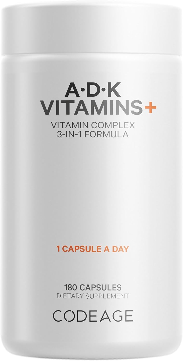 Codeage ADK Vitamins Supplement  Essential Vitamin A D3 5000 IU K1  K2 MK4  MK7  6Month Supply  1 Capsule per Serving NonGMO GlutenFree  180 Capsules - Image 1