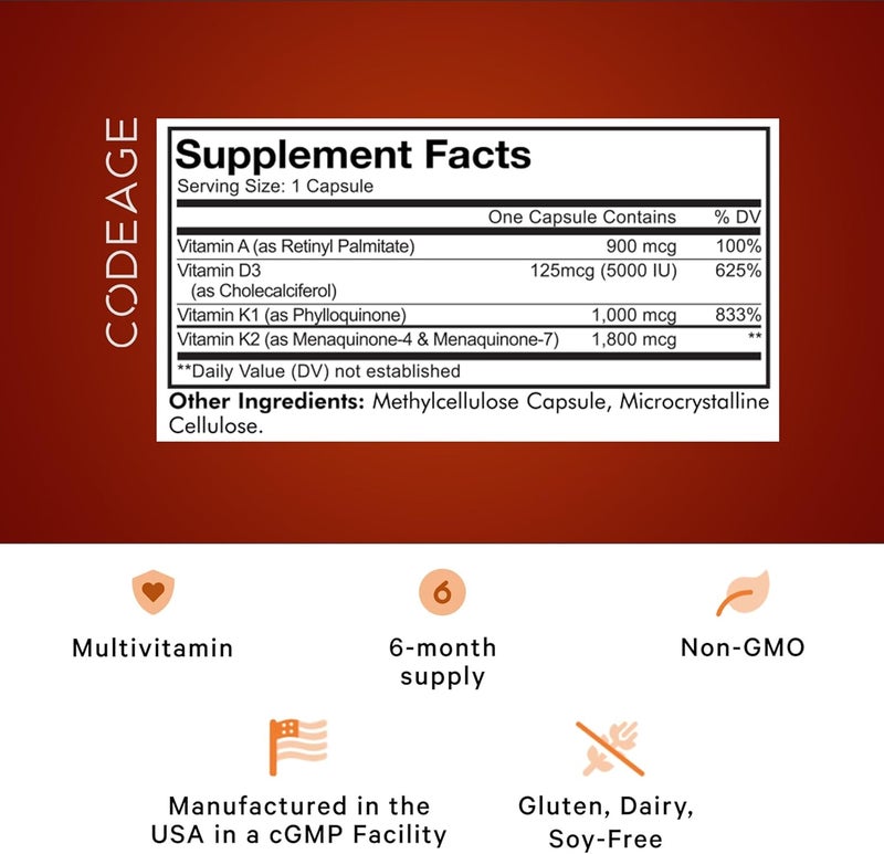 Codeage ADK Vitamins Supplement  Essential Vitamin A D3 5000 IU K1  K2 MK4  MK7  6Month Supply  1 Capsule per Serving NonGMO GlutenFree  180 Capsules - Image 2