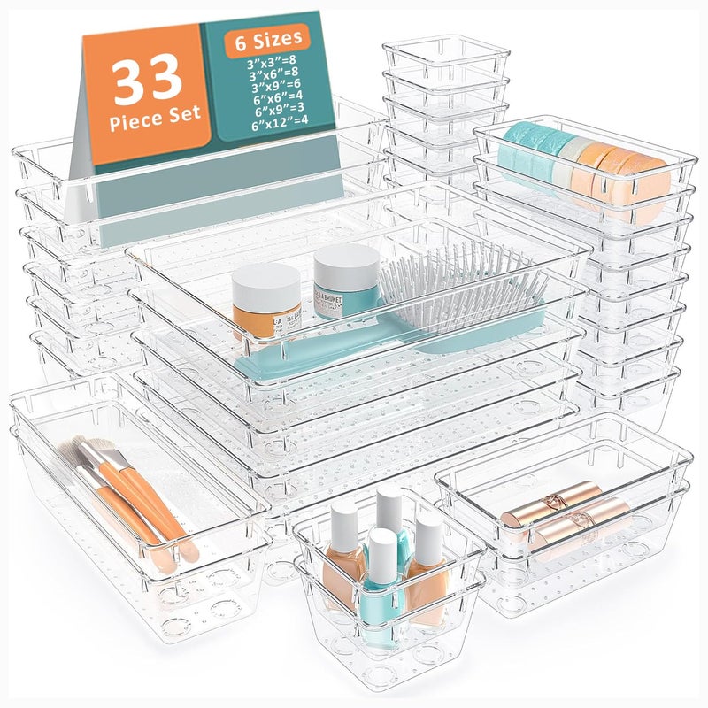 Kuber Industries 33 Pcs Set Multi-Purpose Transparent Drawer Organizers | Plastic Trays for Storage Kitchen & Aesthetic Dressing Table Organisers for Cosmetics, Makeup & Stationery | Transparent - Image 1