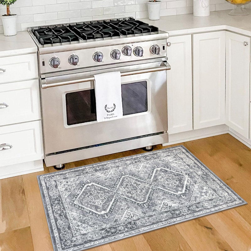 KUTA Rugs for Entryway Oriental Small Washable Area Rug 2x3 Grey Non-Slip Ultra Soft Printed Vintage Distressed Tribal Low-Pile Indoor Door Mat Carpet for Entrance Bedroom Kitchen - Image 4
