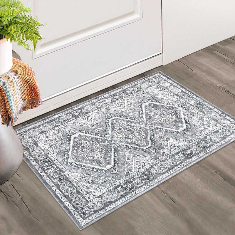 KUTA Rugs for Entryway Oriental Small Washable Area Rug 2x3 Grey Non-Slip Ultra Soft Printed Vintage Distressed Tribal Low-Pile Indoor Door Mat Carpet for Entrance Bedroom Kitchen - Image 1