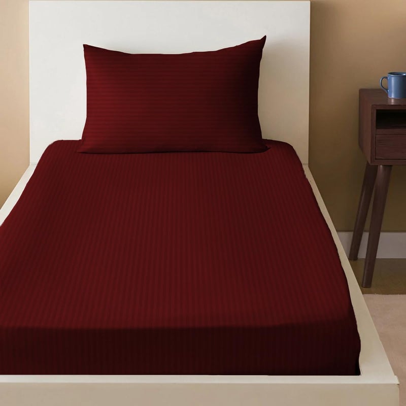 sleep well Microfiber Stripe Fitted Sheet with Pillowcase Set - 90x200+17cm (Maroon) - Image 1