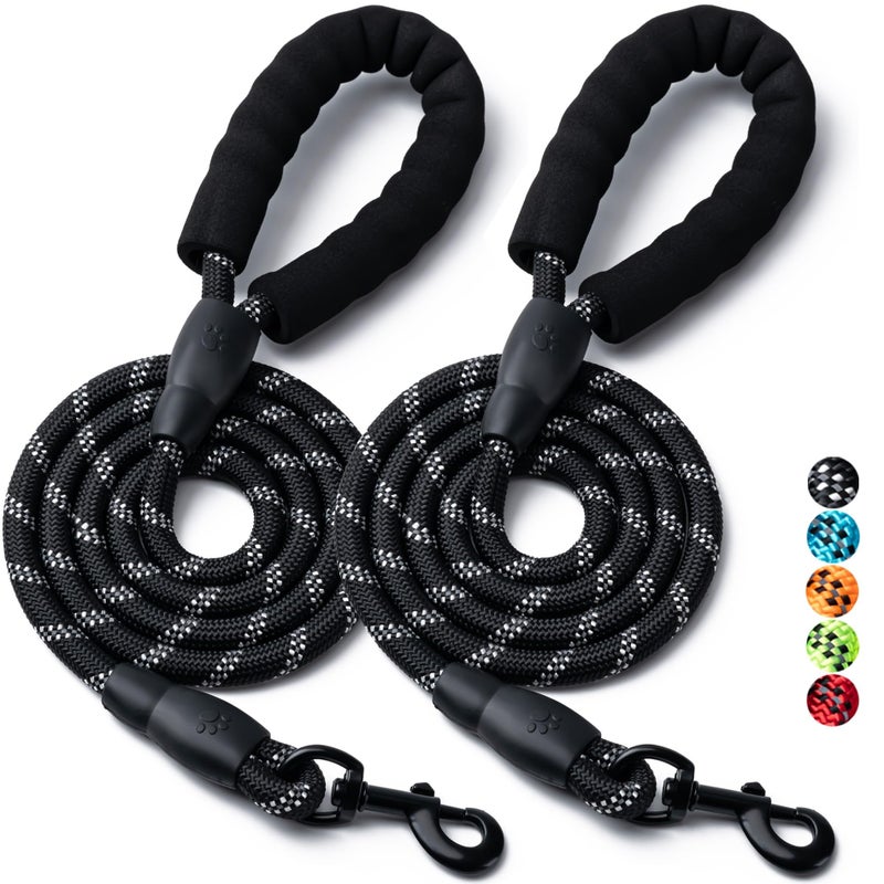 BOOMIBOO 2 Pack Dog Leash, 4/5//6 FT Heavy Duty Nylon Rope Pet Leashes with Comfortable Padded Handle, Reflective Dog Leashes for Small Medium and Large Dogs (6FT-1/2,Black/Black) - Image 1