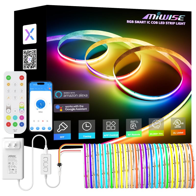 MIWISE RGB Smart IC COB LED Strip Light,20ft Color Chasing Flexible LED Tape Light,WS2811 Addressable RGB Strip with APP Control/Music Mode,Work with Alexa/Google,for Party/Home DIY Lighting Projects - Image 1