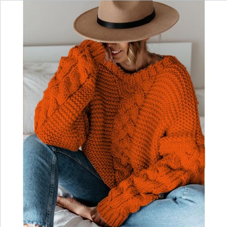 Cross-border foreign trade supply wish Europe and the United States for autumn and winter explosions solid color pullover V-neck twist loose sweater casual knitting - Image 1
