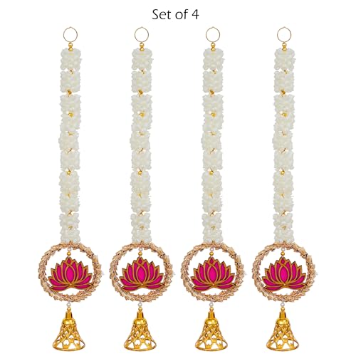 Sanvatsar Decorative Artificial Flower Wall Hanging, Pearl String Design with Pink Rose, Yellow Marigold, Set of 4 (Garlands White Pink) - Image 3