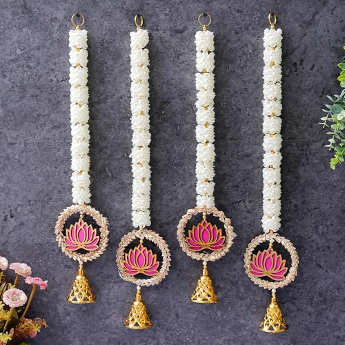 Sanvatsar Decorative Artificial Flower Wall Hanging, Pearl String Design with Pink Rose, Yellow Marigold, Set of 4 (Garlands White Pink) - Image 1