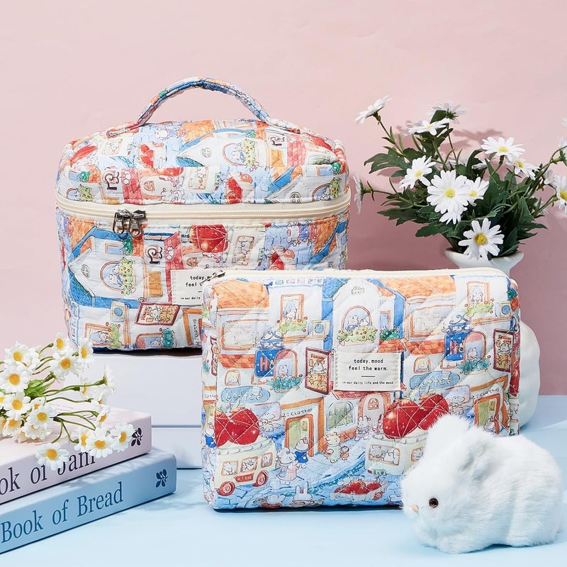 Excefore 2 Pcs Large Travel Quilted Makeup Bag for Women, Diaper Bag Tote, Travel Zip Closure Diaper, Floral Cotton Toiletry Bag, Aesthetic Cherry Peony Cosmetic Bag, Skincare Organizer Bag(Rabbit Style) - Image 5
