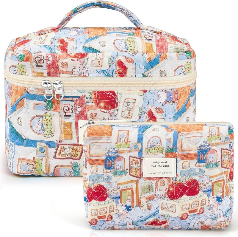 Excefore 2 Pcs Large Travel Quilted Makeup Bag for Women, Diaper Bag Tote, Travel Zip Closure Diaper, Floral Cotton Toiletry Bag, Aesthetic Cherry Peony Cosmetic Bag, Skincare Organizer Bag(Rabbit Style) - Image 1
