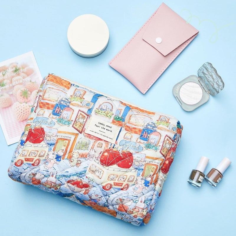 Excefore 2 Pcs Large Travel Quilted Makeup Bag for Women, Diaper Bag Tote, Travel Zip Closure Diaper, Floral Cotton Toiletry Bag, Aesthetic Cherry Peony Cosmetic Bag, Skincare Organizer Bag(Rabbit Style) - Image 3