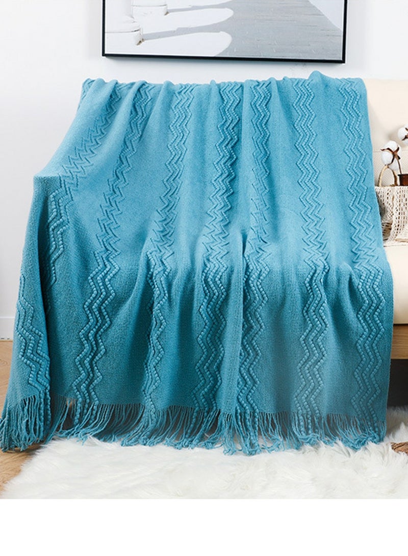 Loquat Solid Color Textured Tassel Design Knitted Soft Throw Blanket Blue  - Image 1