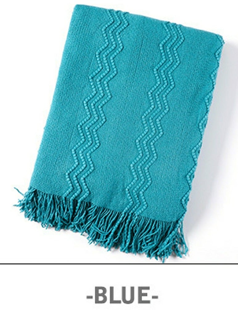 Loquat Solid Color Textured Tassel Design Knitted Soft Throw Blanket Blue  - Image 2