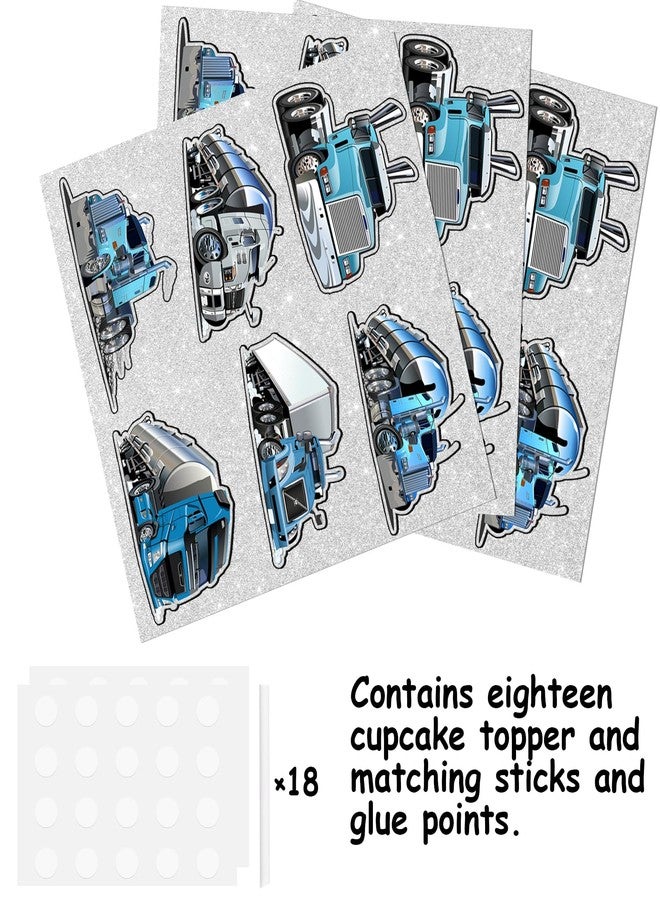 LETLIMIT 18pcs Blue Glitter Dessert Cupcake Topper Truck Car Transportation Vehicle Theme Decor Supplies Baby Shower Boys Girls Happy Birthday Party Decorations - Image 3
