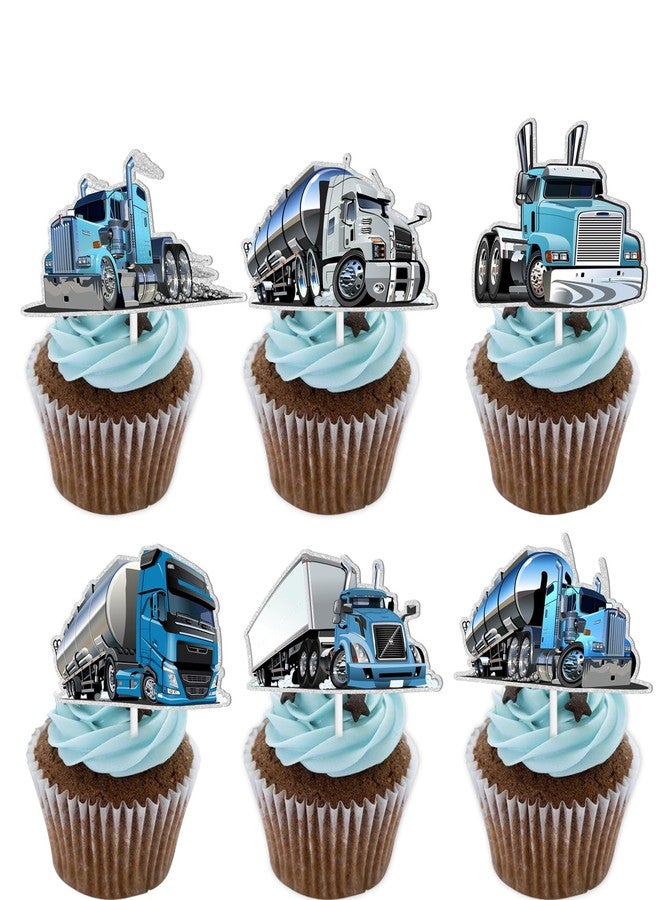 LETLIMIT 18pcs Blue Glitter Dessert Cupcake Topper Truck Car Transportation Vehicle Theme Decor Supplies Baby Shower Boys Girls Happy Birthday Party Decorations - Image 1