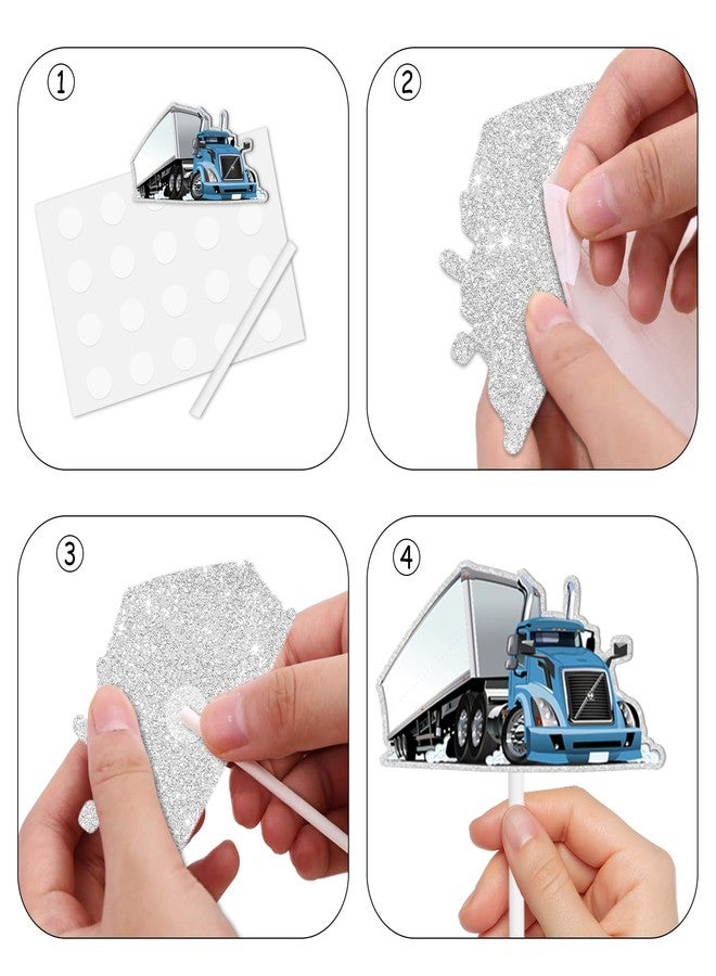 LETLIMIT 18pcs Blue Glitter Dessert Cupcake Topper Truck Car Transportation Vehicle Theme Decor Supplies Baby Shower Boys Girls Happy Birthday Party Decorations - Image 4