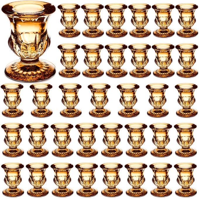 TAPER CANDLE HOLDERS BULK 25 INCH CANDLESTICK HOLDER SMALL CANDLESTICK HOLDER THICKER GLASS CANDLE STICKS SET FOR WEDDING CHRISTMAS PARTY TABLE CENTERPIECEGOLD36 PCS
