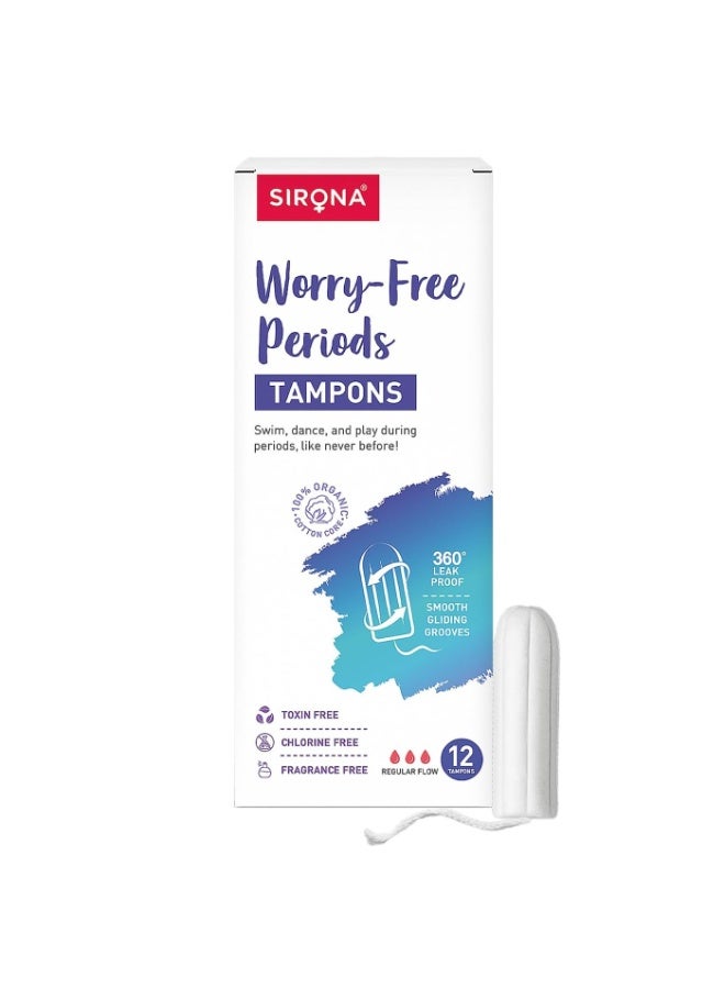 سيرونا (Sirona) سدادات قطنية (تامبون) للتدفق المتوسط ​​والعادي - 12 قطعة (عبوة واحدة) | سدادات قابلة للتحلل الحيوي | معتمدة من إدارة الغذاء والدواء (FDA) | فائقة النعومة وقابلة للتحلل | مانعة للتسرب | عالية الامتصاص وتمنع التهيج أثناء الدورة الشهرية - Image 1