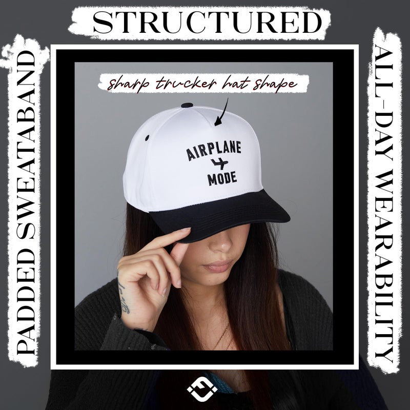 Funky Junque Cute Vintage Trucker Hat for Women, Adjustable Embroidered Two-Tone Snapback Baseball Cap, One Size - Airplane Mode - White/Black - Image 5