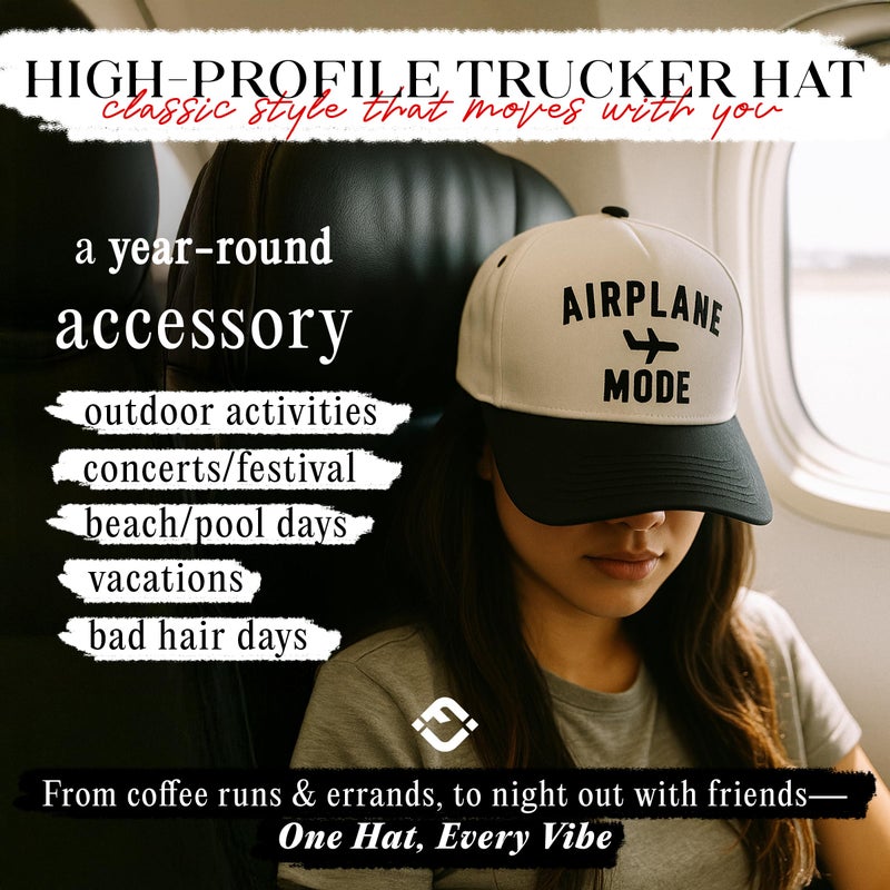 Funky Junque Cute Vintage Trucker Hat for Women, Adjustable Embroidered Two-Tone Snapback Baseball Cap, One Size - Airplane Mode - White/Black - Image 2