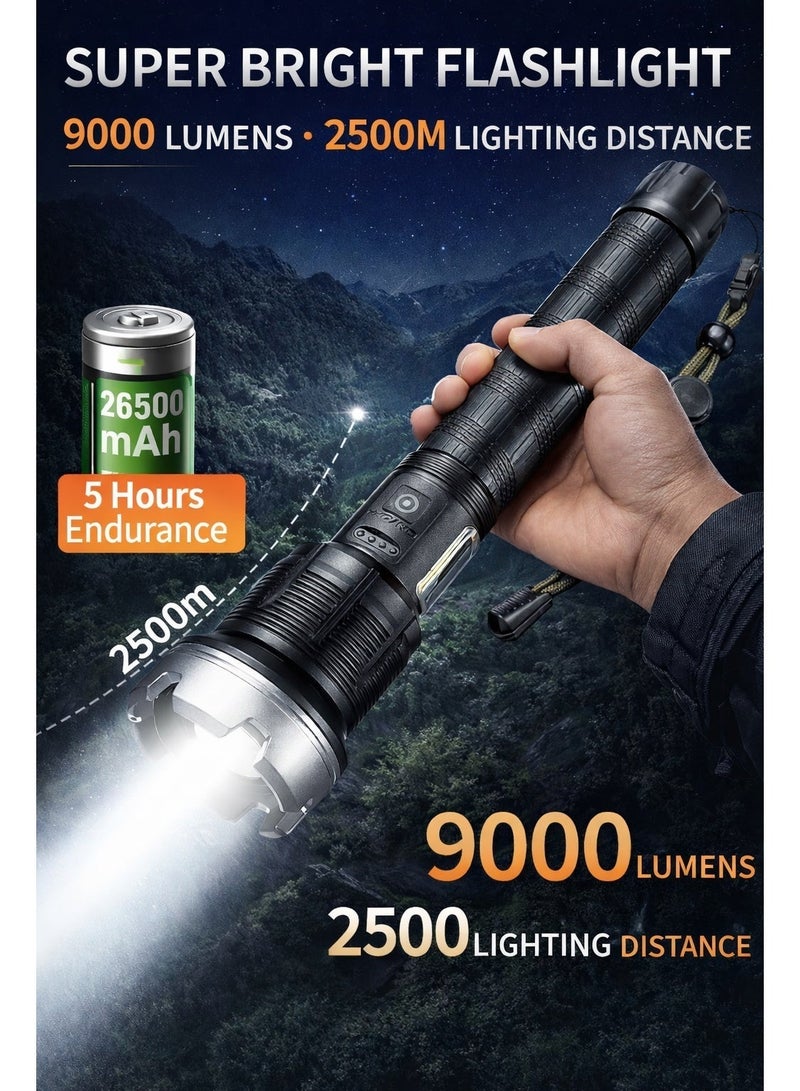 سوسيتي مصباح يدوي LED قابل للشحن عبر تايب سي بسعة 13600 مللي أمبير ساعة، مدى إضاءة طويل 2500 متر للمغامرات الخارجية، مصباح تكتيكي بسطوع واسع 9000 لومن، جسم من الفولاذ المقاوم للصدأ فائق الصلابة للطوارئ والأمان - Image 3