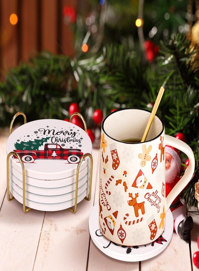 Dksyee 6 Pcs Ceramic Christmas Coasters with Holder Best Absorbent Drink Coasters Set Cute Xmas Holiday Coaster Set Coffee Table Decor Funny Christmas Decoration Housewarming Gift Festive Cup Coasters - Image 4