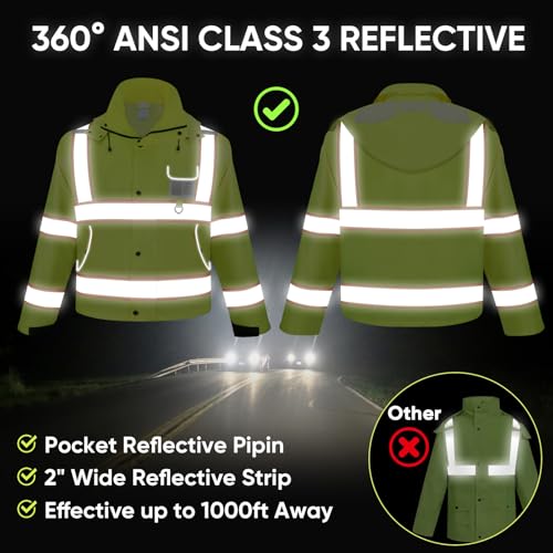 TICONN Reflective Rain Jacket Safety Jacket, Waterproof Hi Vis Rain Coat, Class III High Visibility Coat - Image 2