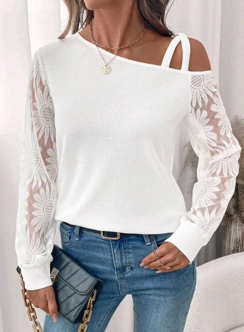 Shein SHEIN Clasi Winter Elegant Women's Long Sleeve White Warm Texture Fabric Sleeve Splicing Lace T-Shirt  - Image 1