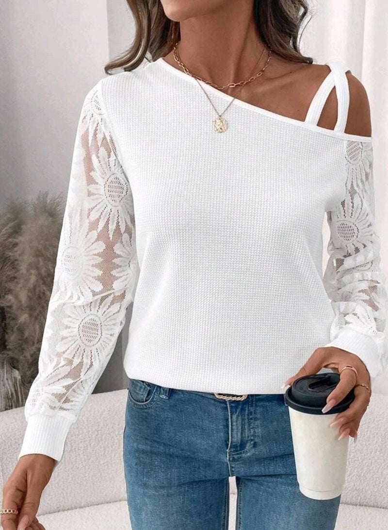 Shein SHEIN Clasi Winter Elegant Women's Long Sleeve White Warm Texture Fabric Sleeve Splicing Lace T-Shirt  - Image 2