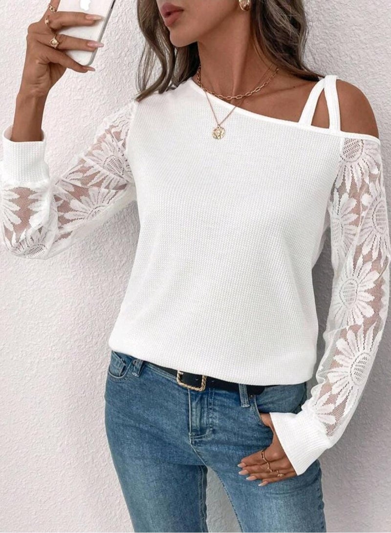 Shein SHEIN Clasi Winter Elegant Women's Long Sleeve White Warm Texture Fabric Sleeve Splicing Lace T-Shirt  - Image 3