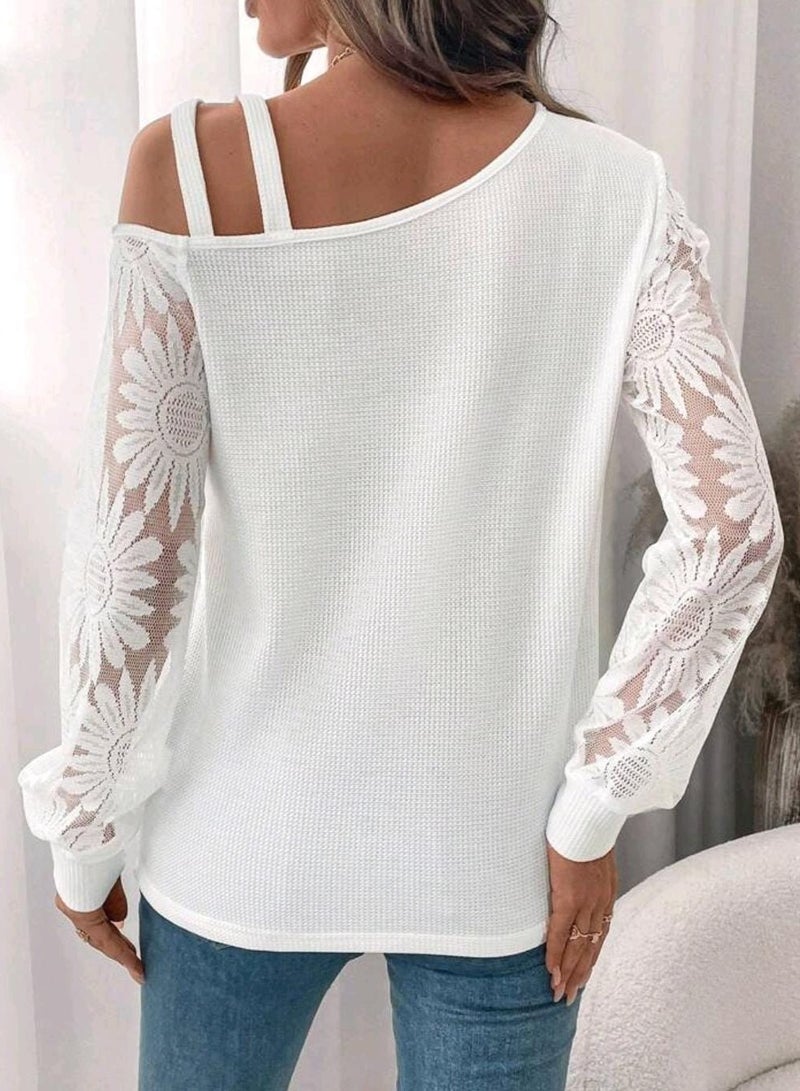 Shein SHEIN Clasi Winter Elegant Women's Long Sleeve White Warm Texture Fabric Sleeve Splicing Lace T-Shirt  - Image 4