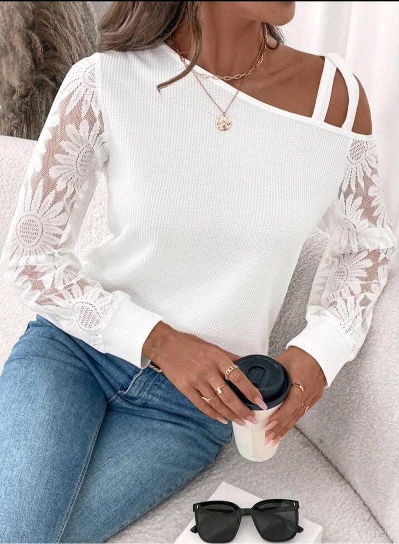 Shein SHEIN Clasi Winter Elegant Women's Long Sleeve White Warm Texture Fabric Sleeve Splicing Lace T-Shirt  - Image 5