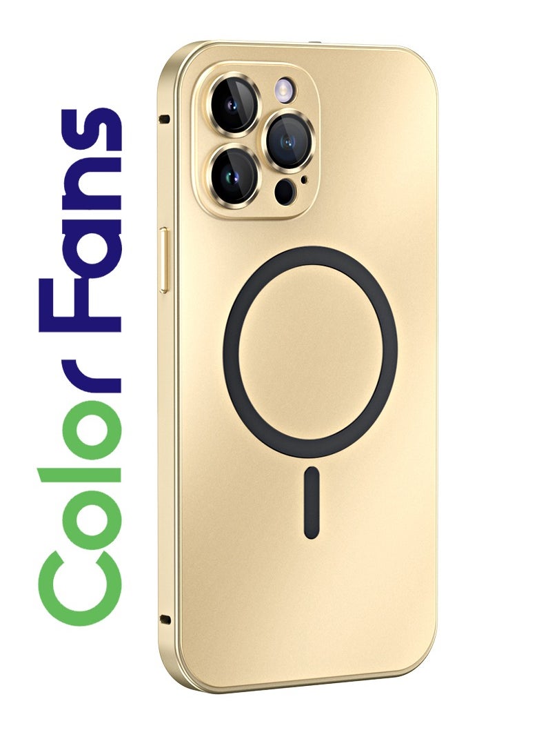 Color Fans Magnetic Charging Aluminium Metal Bumper Matte Case Cover for iPhone 14 Pro Max 6.7 inch Gold 