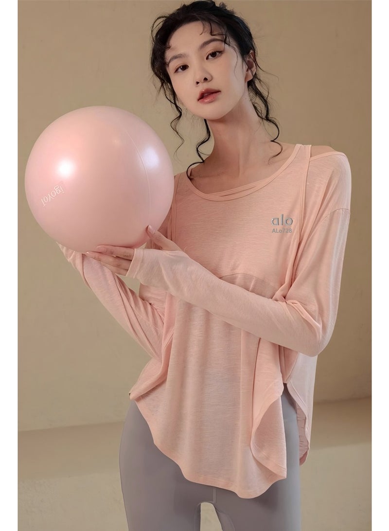 ALo728 Blush Pink Cold-Shoulder Long-Sleeve Top - Soft Breathable Fabric, Asymmetric Hem, Brand Logo Detail, Versatile Activewear for Yoga & Daily Casual - Image 1