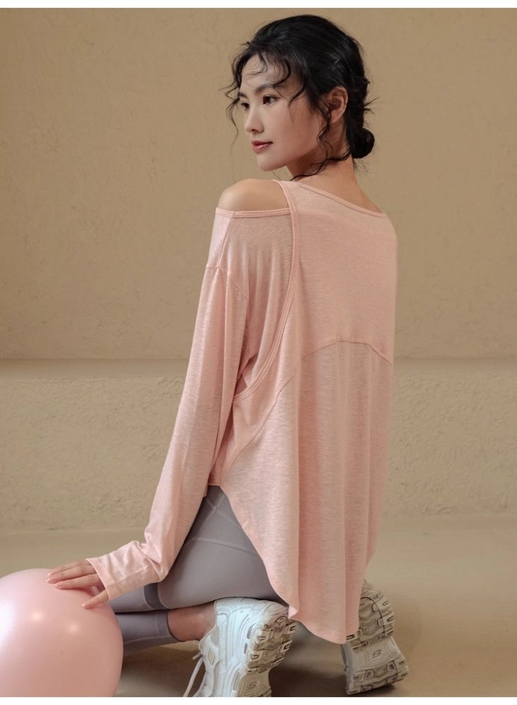 ALo728 Blush Pink Cold-Shoulder Long-Sleeve Top - Soft Breathable Fabric, Asymmetric Hem, Brand Logo Detail, Versatile Activewear for Yoga & Daily Casual - Image 3